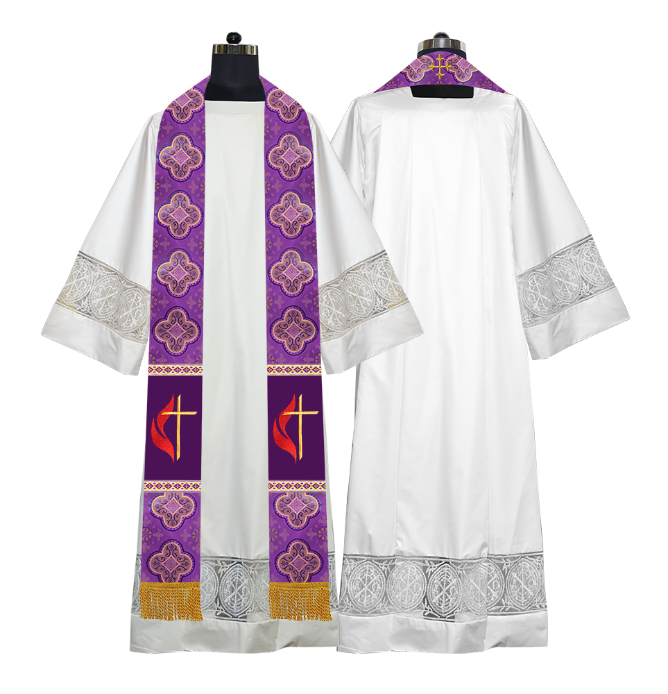 Embroidered Spiritual Cross and Flame Pastor Stole