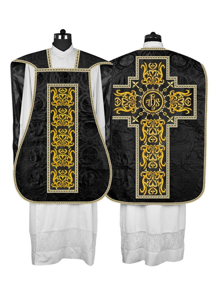 LITURGICAL ROMAN CHASUBLE VESTMENT WITH SPIRITUAL MOTIFS AND TRIMS