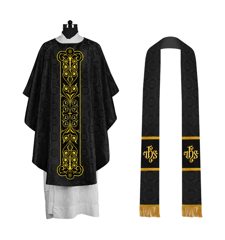 Liturgical Priest Chasuble with Vintage-Style Embroidered Orphrey
