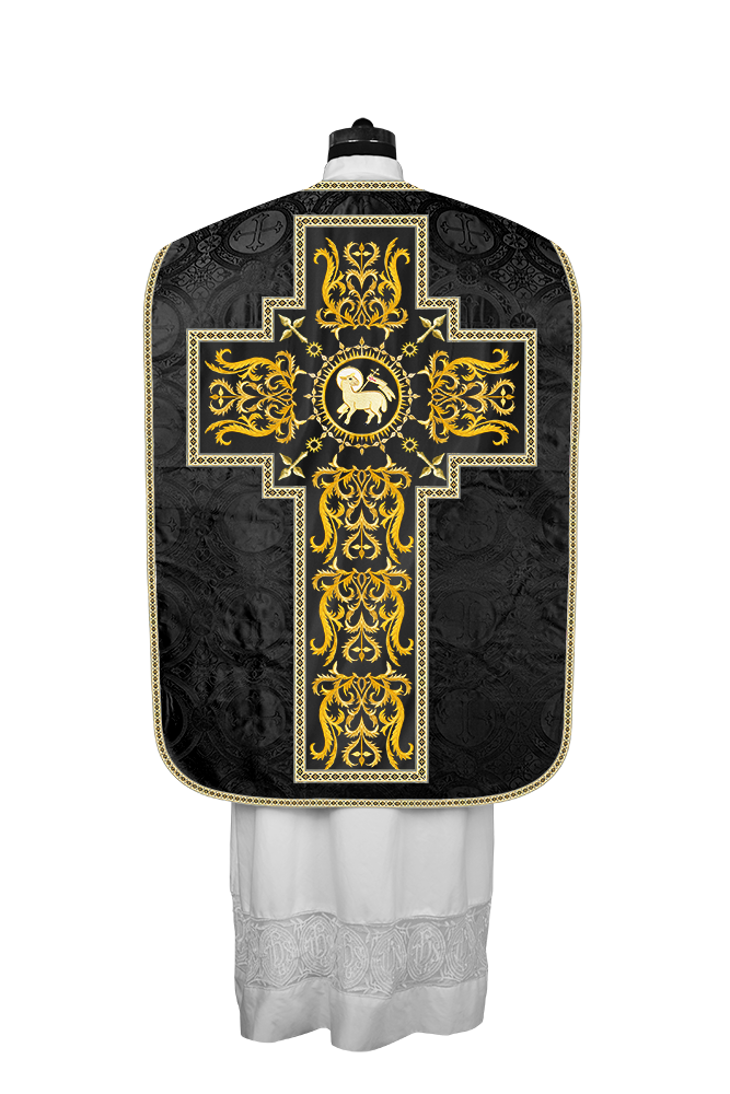 LITURGICAL ROMAN CHASUBLE VESTMENT WITH SPIRITUAL MOTIFS AND TRIMS