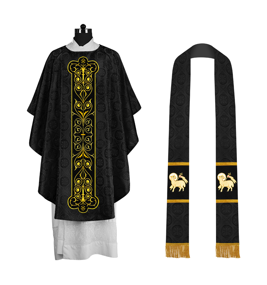 Liturgical Priest Chasuble with Vintage-Style Embroidered Orphrey