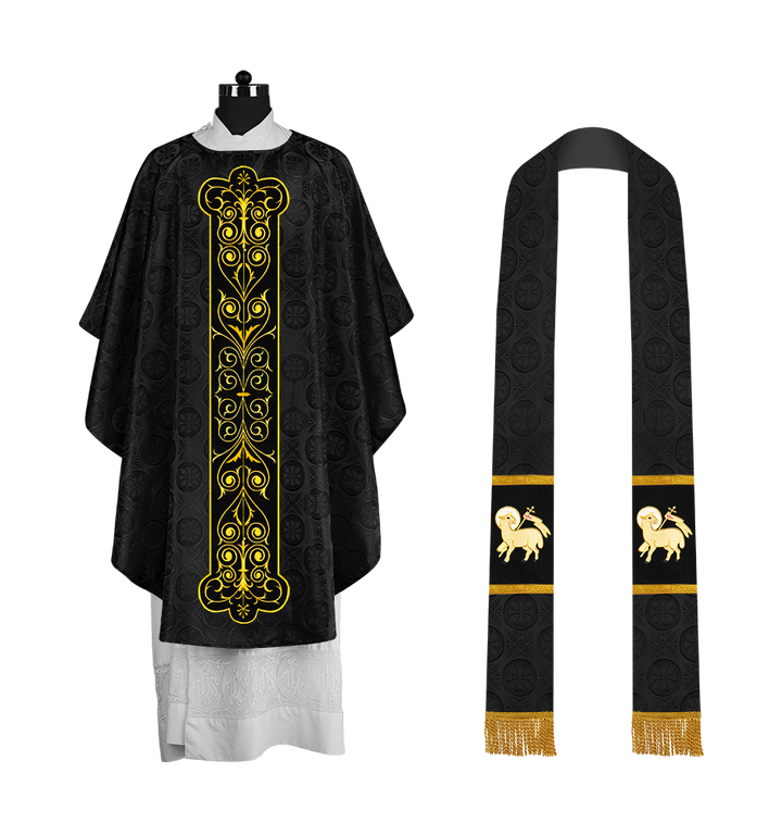 Liturgical Priest Chasuble with Vintage-Style Embroidered Orphrey