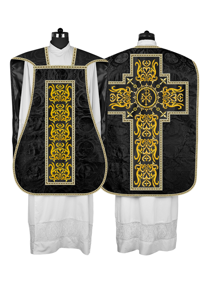 LITURGICAL ROMAN CHASUBLE VESTMENT WITH SPIRITUAL MOTIFS AND TRIMS