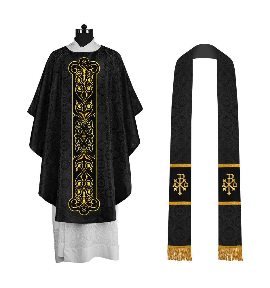 Liturgical Priest Chasuble with Vintage-Style Embroidered Orphrey