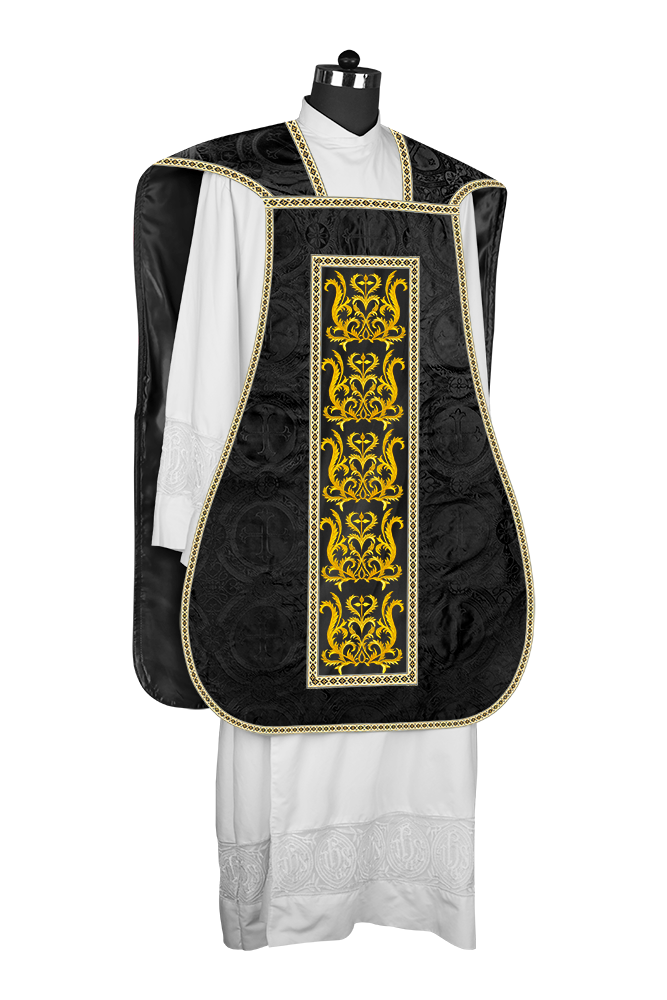 LITURGICAL ROMAN CHASUBLE VESTMENT WITH SPIRITUAL MOTIFS AND TRIMS