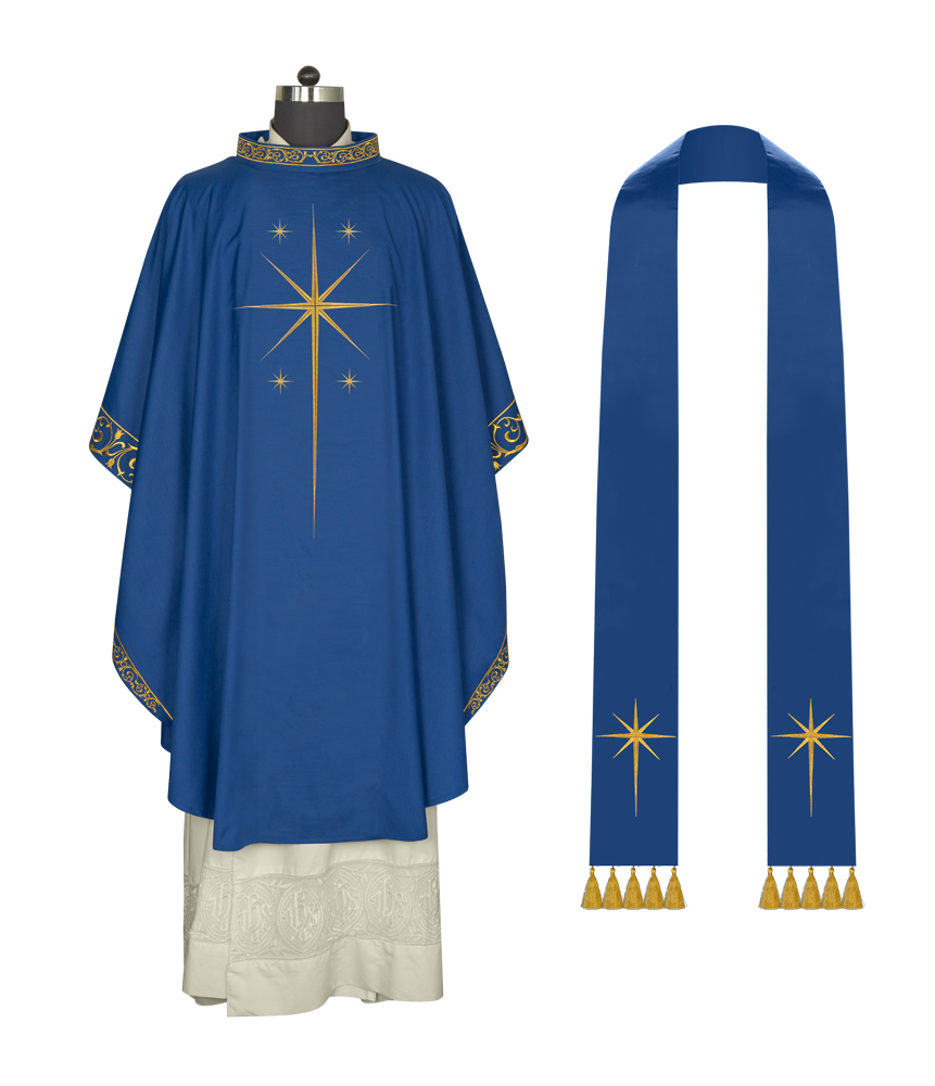 Ornate Advent Chasuble with Golden Star Embroidery