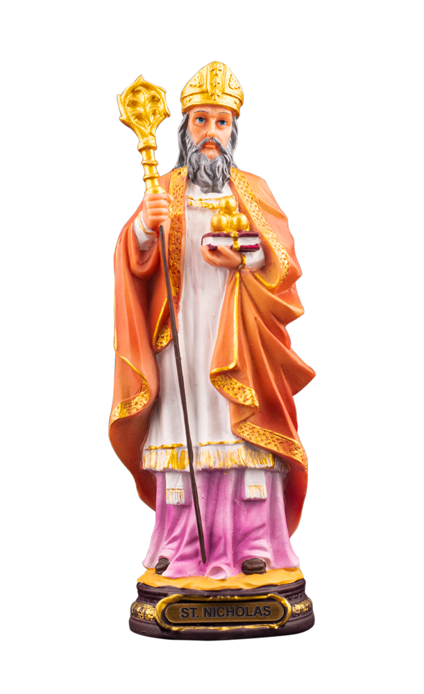 8" Saint Nicholas Statue – Bishop with Staff and Golden Spheres