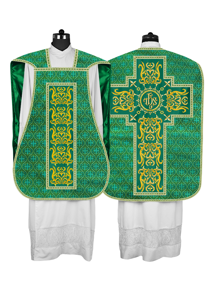 LITURGICAL ROMAN CHASUBLE VESTMENT WITH SPIRITUAL MOTIFS AND TRIMS