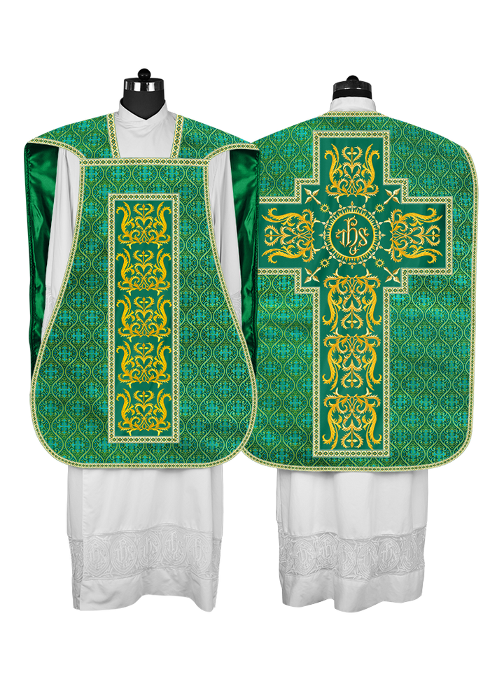 LITURGICAL ROMAN CHASUBLE VESTMENT WITH SPIRITUAL MOTIFS AND TRIMS