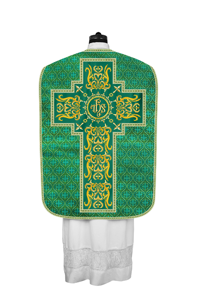 LITURGICAL ROMAN CHASUBLE VESTMENT WITH SPIRITUAL MOTIFS AND TRIMS