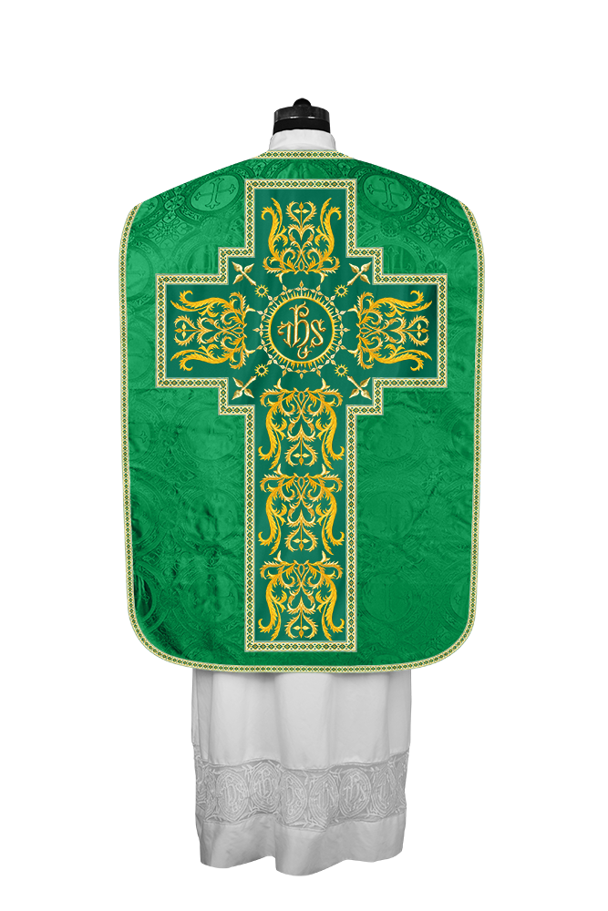 LITURGICAL ROMAN CHASUBLE VESTMENT WITH SPIRITUAL MOTIFS AND TRIMS
