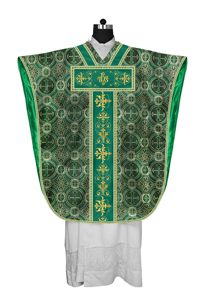 Borromean chasuble vestment with spiritual motifs and trims