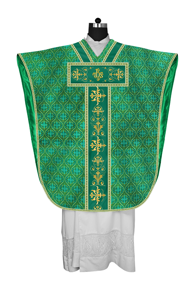Borromean chasuble vestment with spiritual motifs and trims