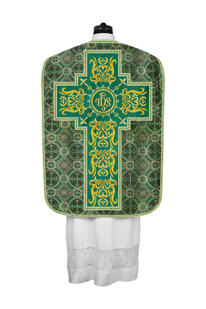 LITURGICAL ROMAN CHASUBLE VESTMENT WITH SPIRITUAL MOTIFS AND TRIMS