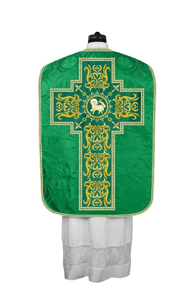 LITURGICAL ROMAN CHASUBLE VESTMENT WITH SPIRITUAL MOTIFS AND TRIMS