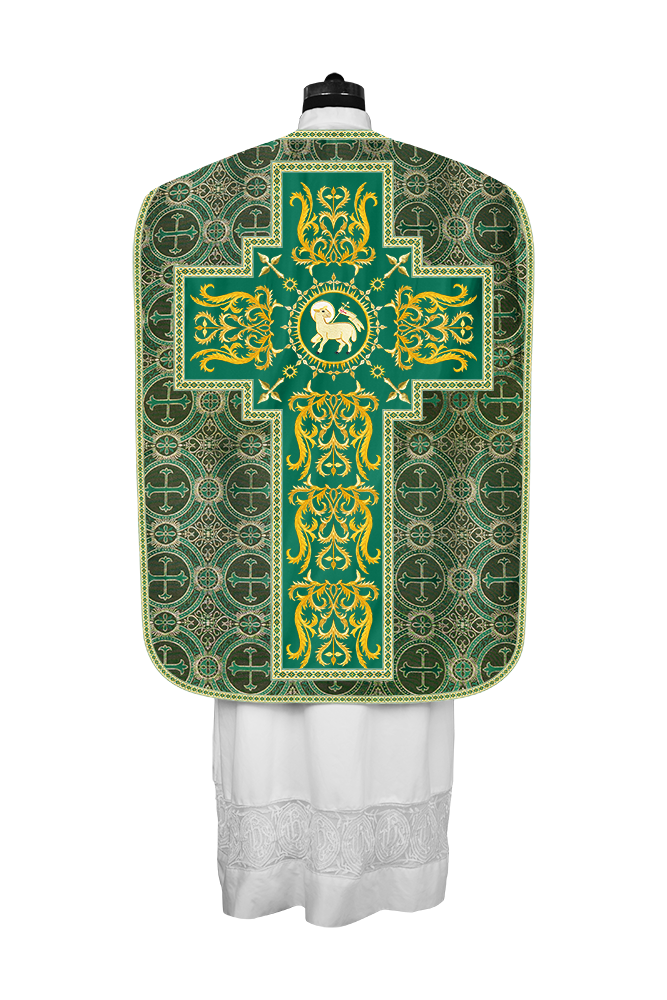 LITURGICAL ROMAN CHASUBLE VESTMENT WITH SPIRITUAL MOTIFS AND TRIMS