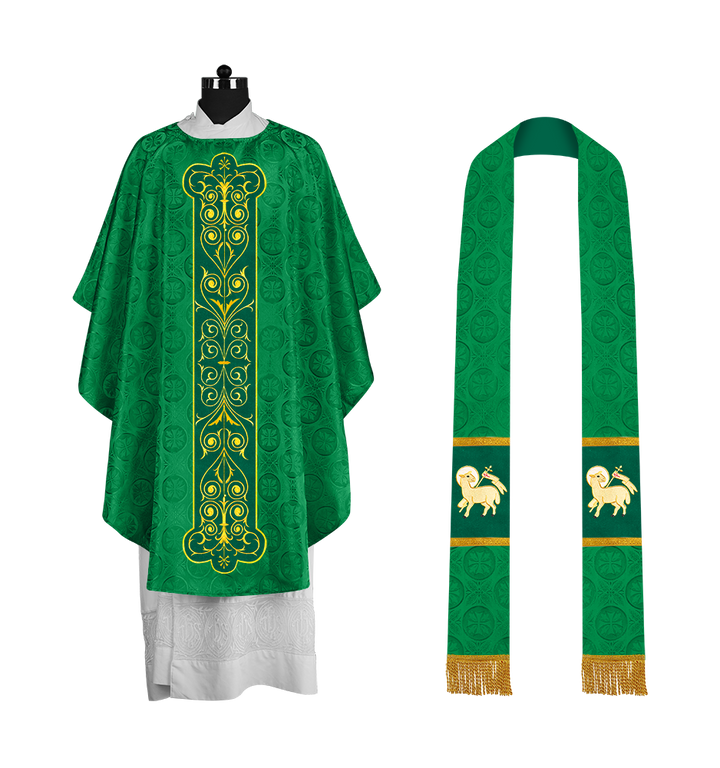 Liturgical Priest Chasuble with Vintage-Style Embroidered Orphrey