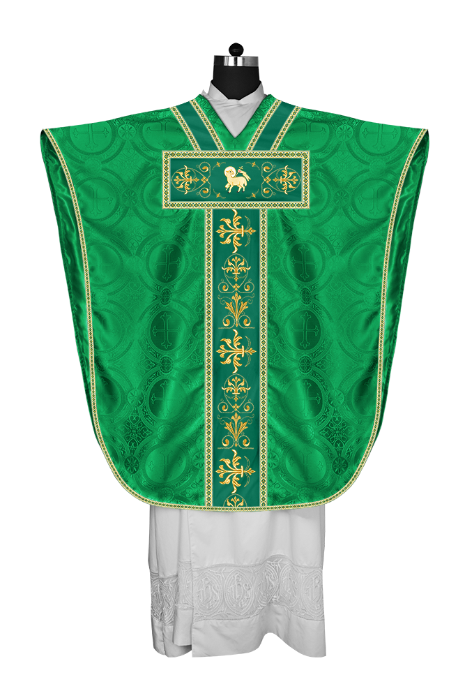 Borromean chasuble vestment with spiritual motifs and trims