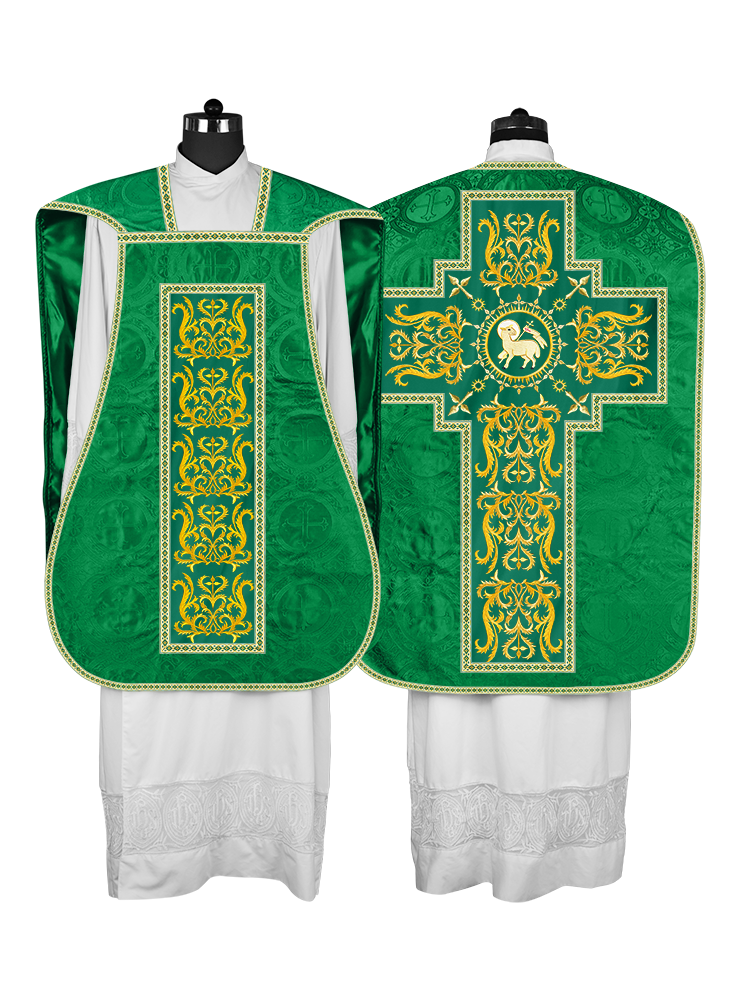 LITURGICAL ROMAN CHASUBLE VESTMENT WITH SPIRITUAL MOTIFS AND TRIMS