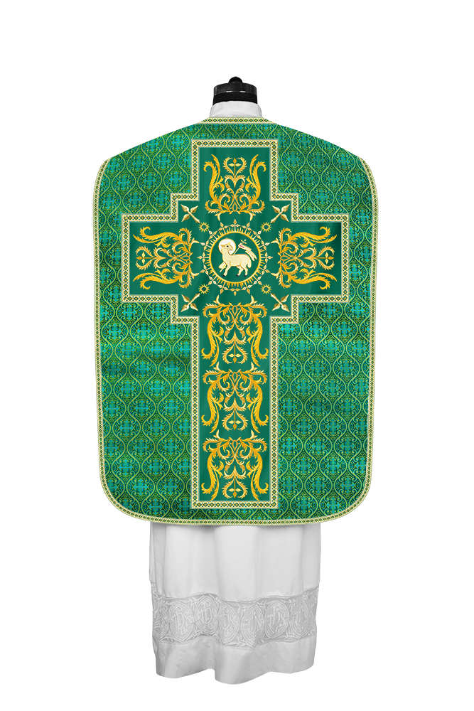 LITURGICAL ROMAN CHASUBLE VESTMENT WITH SPIRITUAL MOTIFS AND TRIMS