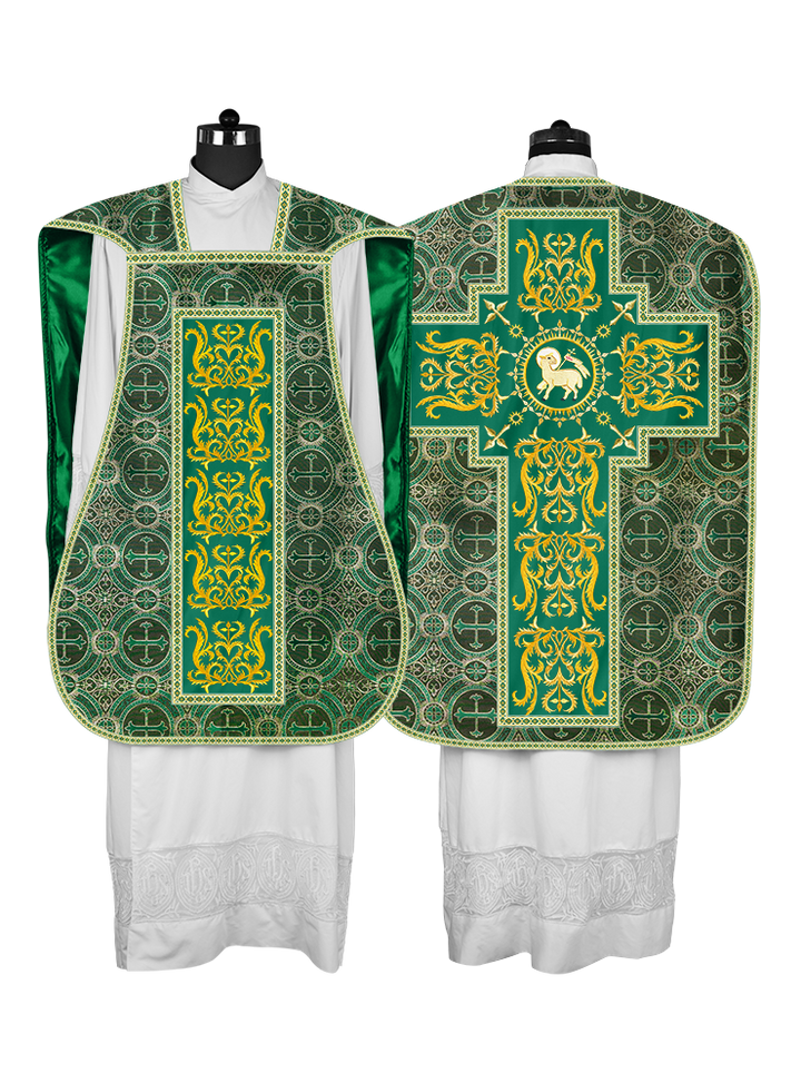 LITURGICAL ROMAN CHASUBLE VESTMENT WITH SPIRITUAL MOTIFS AND TRIMS