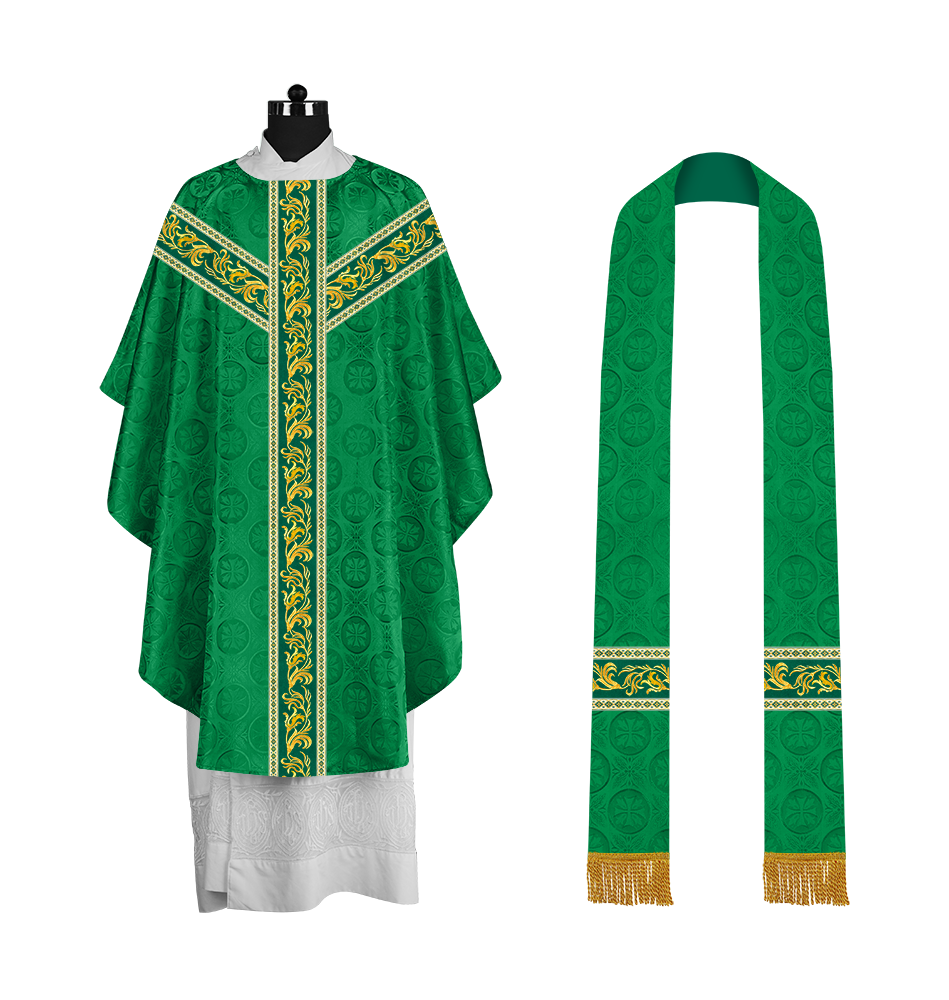 Premium Gothic Priest Chasuble with Embroidery Orphrey & Liturgical Motif