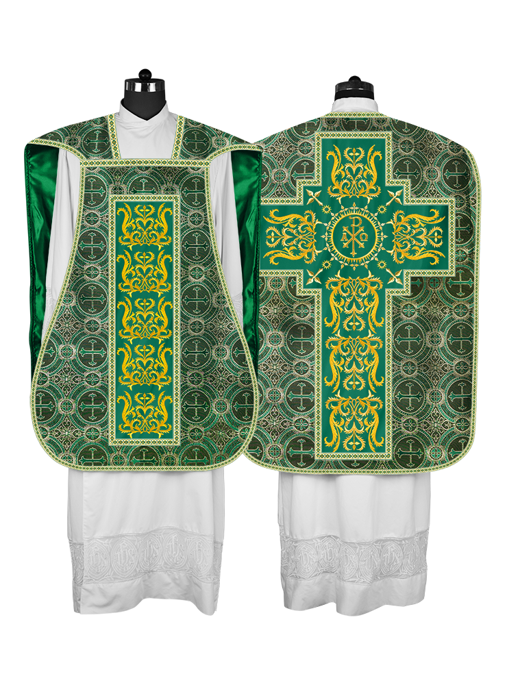 LITURGICAL ROMAN CHASUBLE VESTMENT WITH SPIRITUAL MOTIFS AND TRIMS