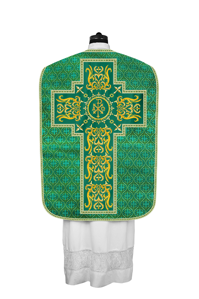 LITURGICAL ROMAN CHASUBLE VESTMENT WITH SPIRITUAL MOTIFS AND TRIMS