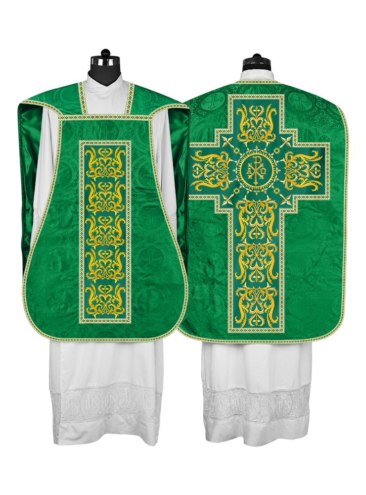 LITURGICAL ROMAN CHASUBLE VESTMENT WITH SPIRITUAL MOTIFS AND TRIMS