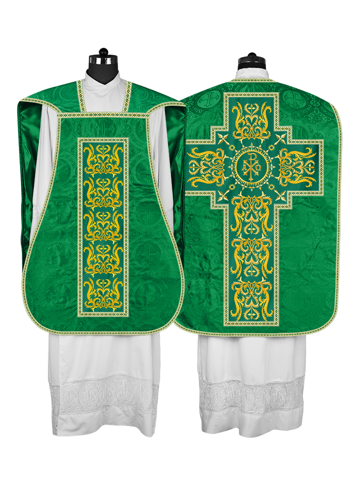LITURGICAL ROMAN CHASUBLE VESTMENT WITH SPIRITUAL MOTIFS AND TRIMS