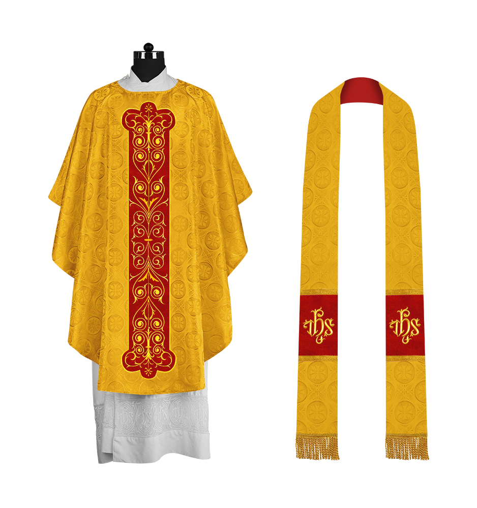 Liturgical Priest Chasuble with Vintage-Style Embroidered Orphrey