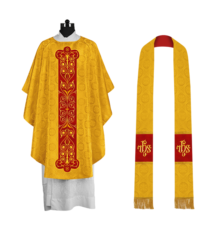 Liturgical Priest Chasuble with Vintage-Style Embroidered Orphrey