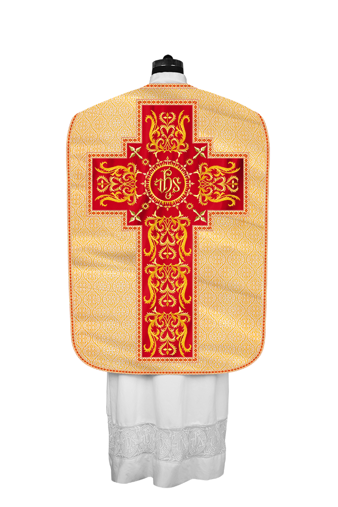 LITURGICAL ROMAN CHASUBLE VESTMENT WITH SPIRITUAL MOTIFS AND TRIMS