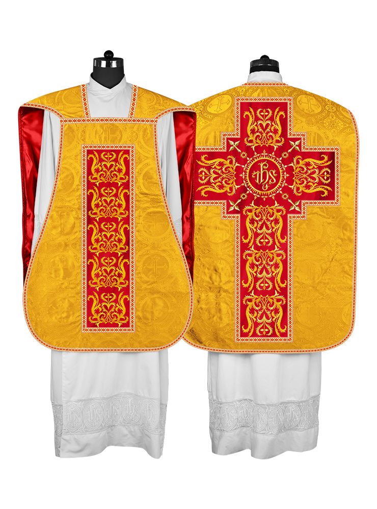 LITURGICAL ROMAN CHASUBLE VESTMENT WITH SPIRITUAL MOTIFS AND TRIMS