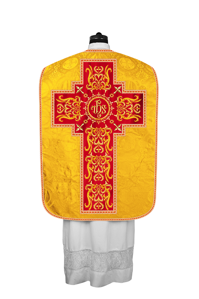 LITURGICAL ROMAN CHASUBLE VESTMENT WITH SPIRITUAL MOTIFS AND TRIMS