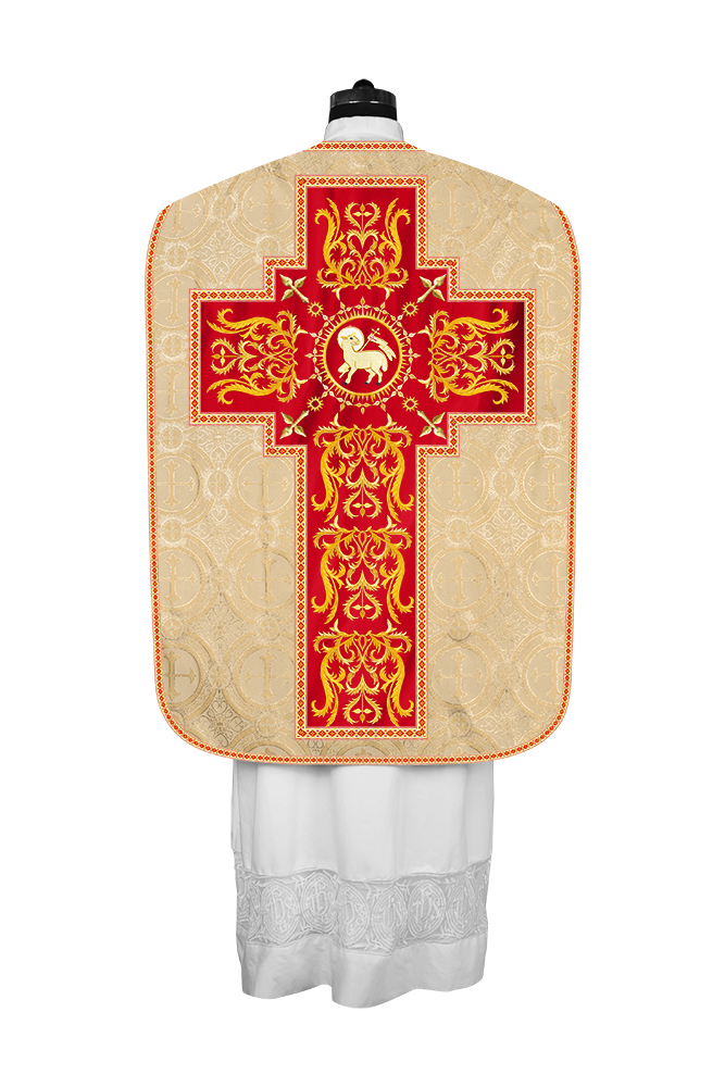LITURGICAL ROMAN CHASUBLE VESTMENT WITH SPIRITUAL MOTIFS AND TRIMS