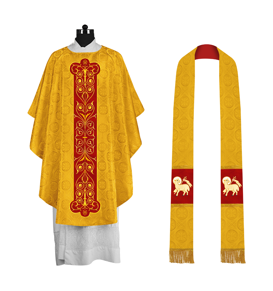 Liturgical Priest Chasuble with Vintage-Style Embroidered Orphrey