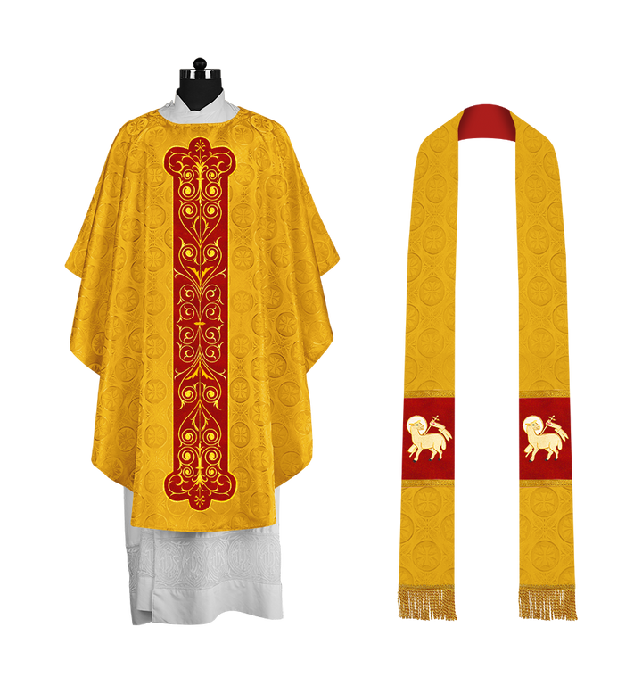 Liturgical Priest Chasuble with Vintage-Style Embroidered Orphrey