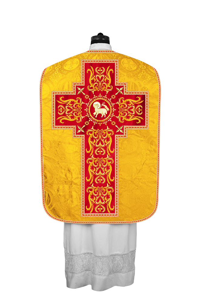 LITURGICAL ROMAN CHASUBLE VESTMENT WITH SPIRITUAL MOTIFS AND TRIMS