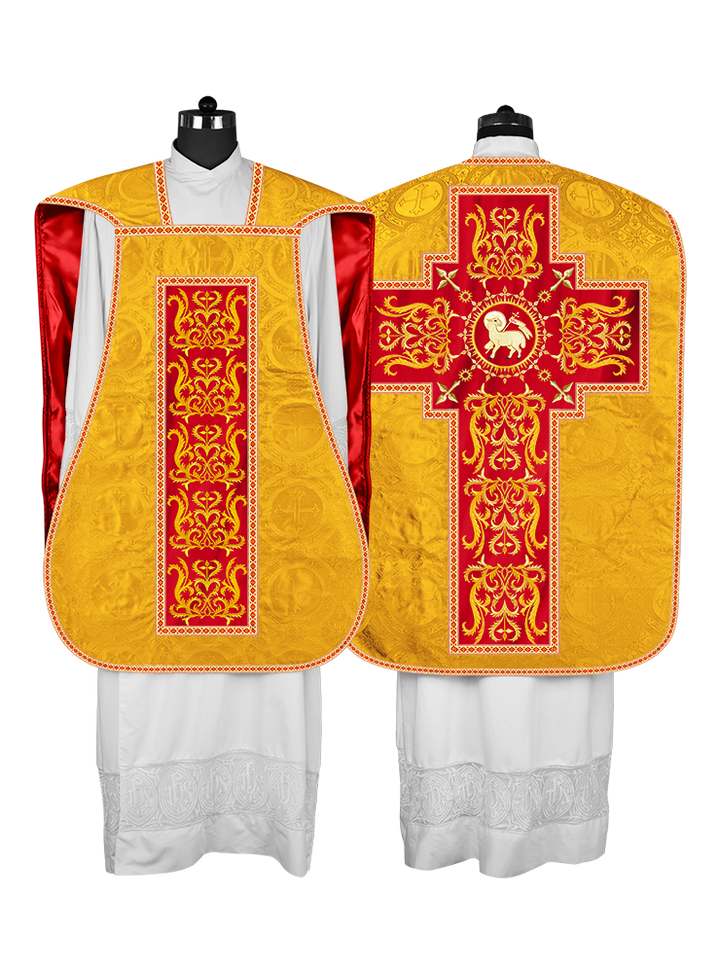 LITURGICAL ROMAN CHASUBLE VESTMENT WITH SPIRITUAL MOTIFS AND TRIMS
