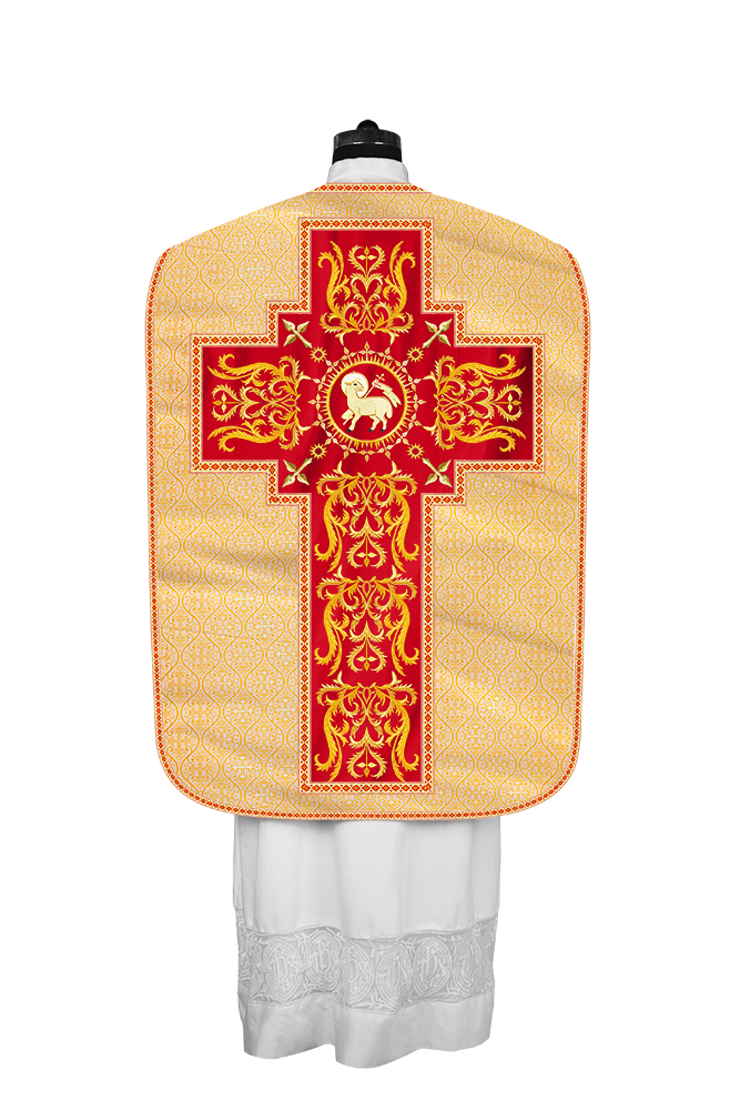 LITURGICAL ROMAN CHASUBLE VESTMENT WITH SPIRITUAL MOTIFS AND TRIMS
