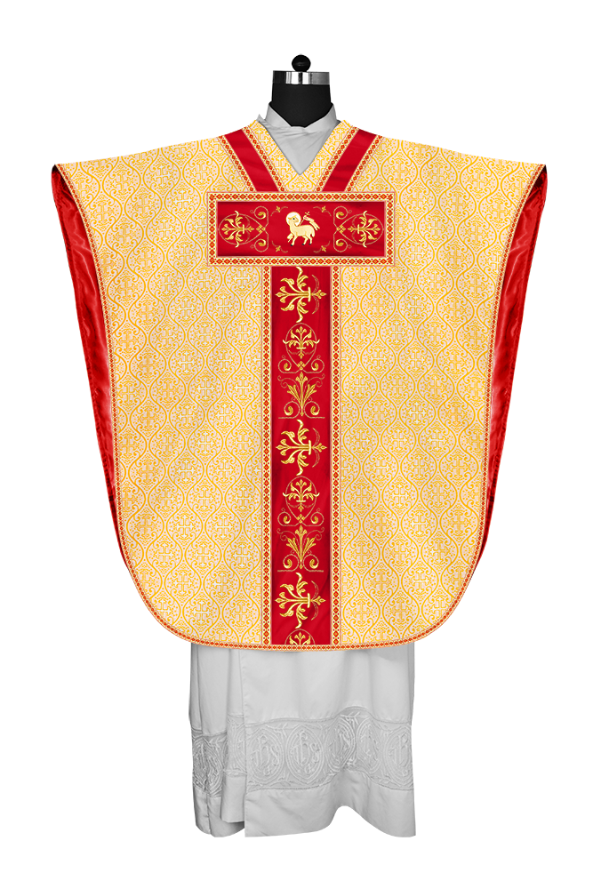Borromean chasuble vestment with spiritual motifs and trims