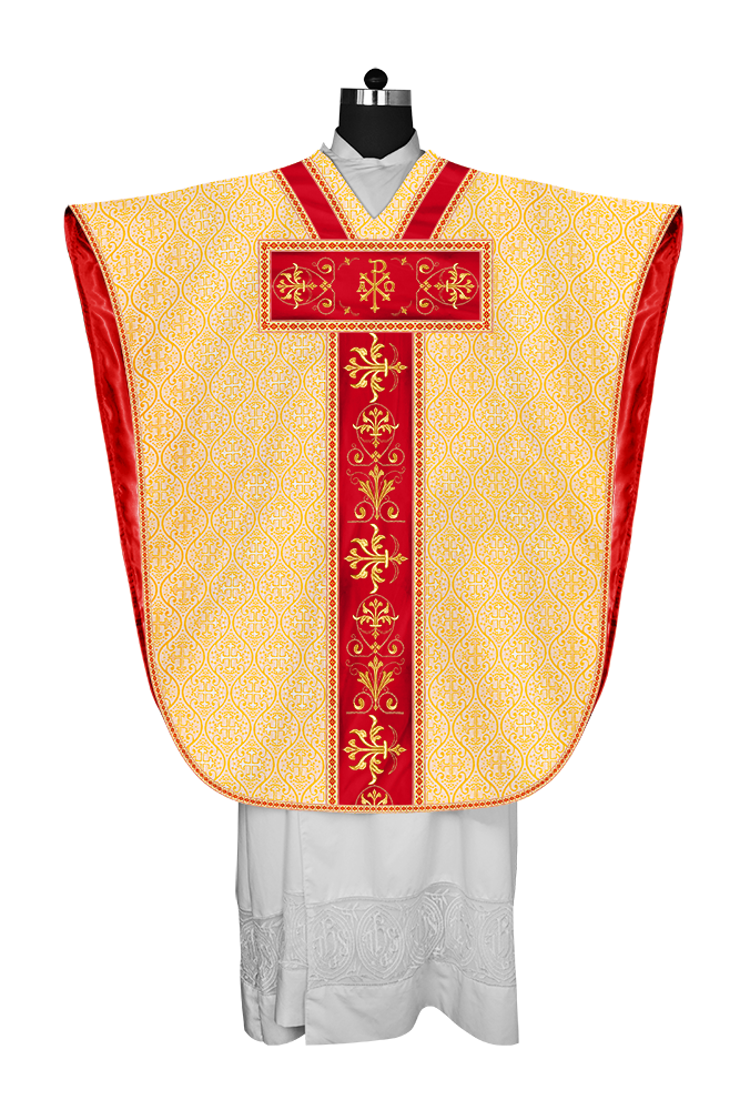 Borromean chasuble vestment with spiritual motifs and trims