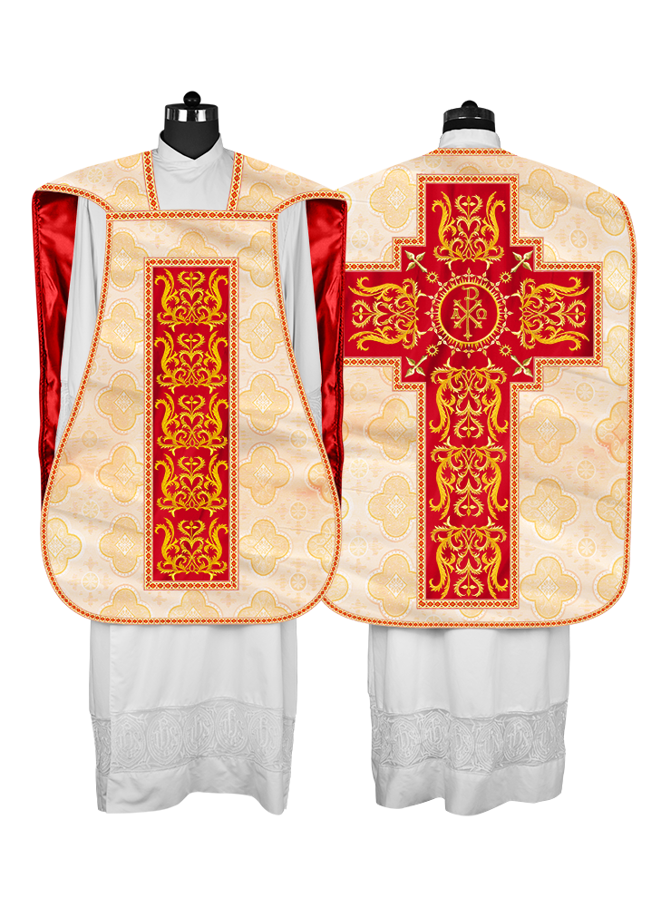 LITURGICAL ROMAN CHASUBLE VESTMENT WITH SPIRITUAL MOTIFS AND TRIMS