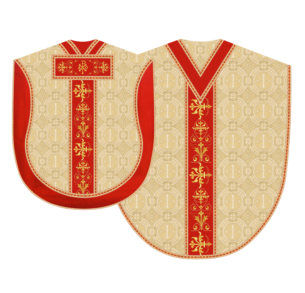 Borromean chasuble vestment with spiritual motifs and trims