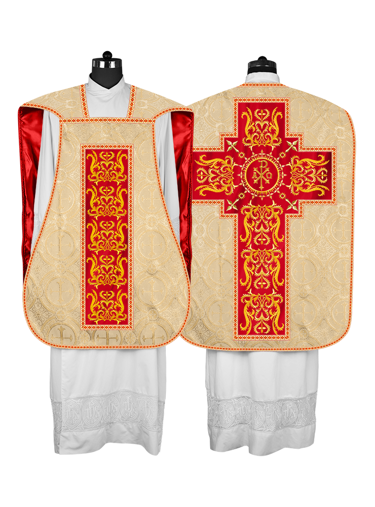 LITURGICAL ROMAN CHASUBLE VESTMENT WITH SPIRITUAL MOTIFS AND TRIMS