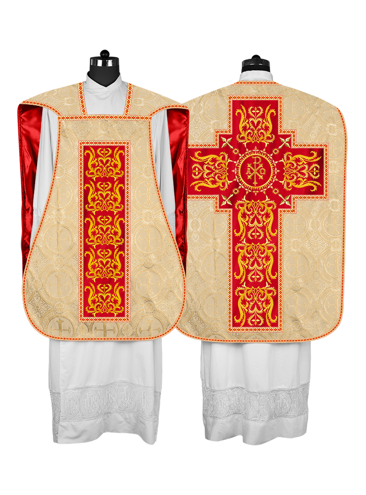 LITURGICAL ROMAN CHASUBLE VESTMENT WITH SPIRITUAL MOTIFS AND TRIMS