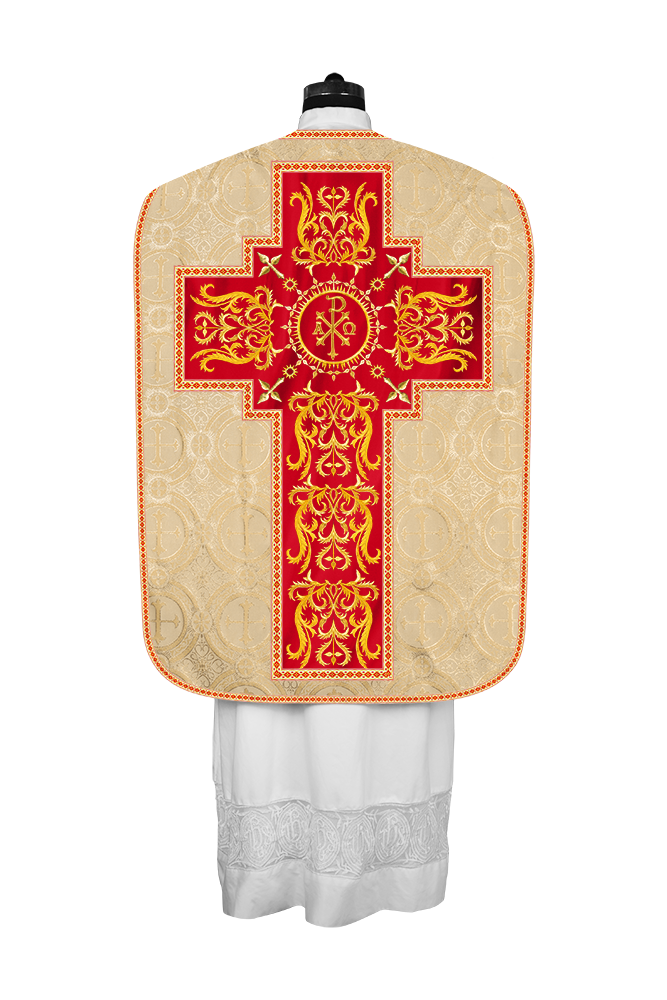 LITURGICAL ROMAN CHASUBLE VESTMENT WITH SPIRITUAL MOTIFS AND TRIMS