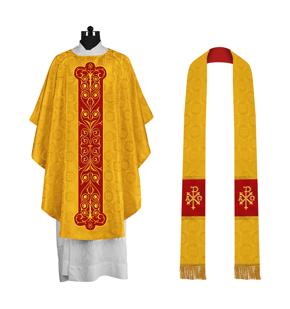 Liturgical Priest Chasuble with Vintage-Style Embroidered Orphrey