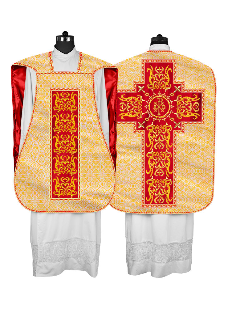LITURGICAL ROMAN CHASUBLE VESTMENT WITH SPIRITUAL MOTIFS AND TRIMS